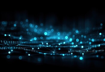 Abstract dark blue backdrop with glowing spheres, interconnected lines, and binary code elements