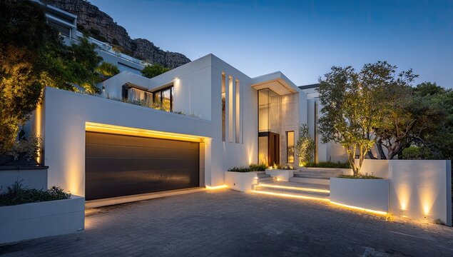 Modern luxury home facade at dusk, showcasing a garage, lit pathway, and mountain backdrop