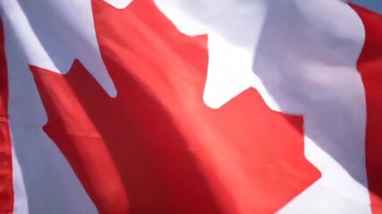 Canadian flag waving in the wind against blue sky
