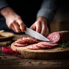 Chef's Hands Meticulously Slicing Artisanal Dry-Cured Salami Sausage on a Rustic Wooden Board with Herbs