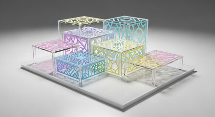 Colorful geometric display stands on a white surface isolated on white background