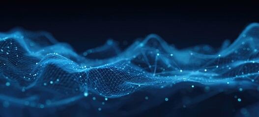 Abstract illustration of a digital network. It features blue, wave-like formations, with connected dots