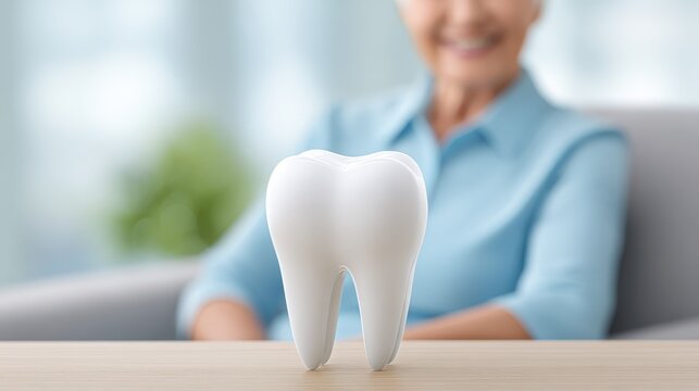 The right of elderly people to access dental care concept. A floating white tooth model with a background of a happy elderly person.