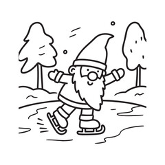  Festive Christmas Gnome Ice Skating on Frozen Pond Line Art.