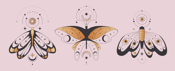 Celestial moon boho butterfly illustrations with mystical symbols and geometric patterns for spiritual art or tattoo designs. Golden moths with stars and eye motifs. Ethereal decorative elements