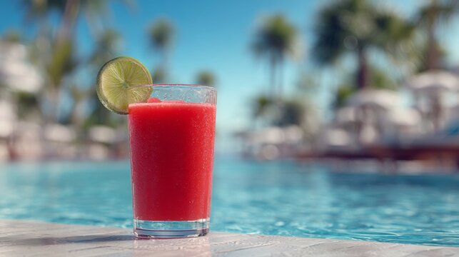 A refreshing red drink garnished with a lime slice, set against a tranquil pool backdrop.