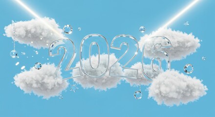 Glossy 2026 Numbers Floating Amidst Fluffy Clouds and Sparkling Crystals in a Bright Blue Sky