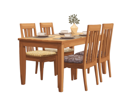 Rectangular wooden dining table with six chairs, set for a meal, isolated on transparent background