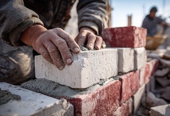 A construction worker carefully places a brick, building a structure, with close-up shot