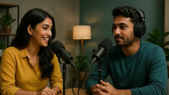 A cozy podcast video setup with a medium shot angle, featuring two hosts engaged in conversation, surrounded by warm lighting and indoor plants.