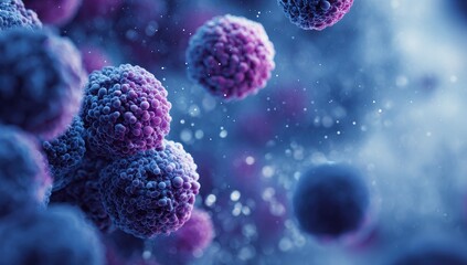 Macro shot depicts spherical forms in hues of pink and purple against a blurry, blue backdrop