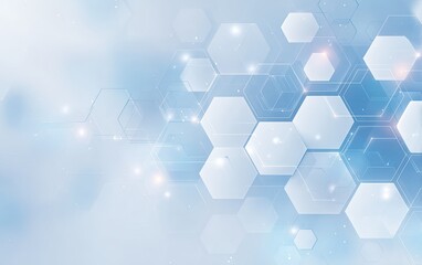 Abstract light blue background with geometric shapes. Hexagons and lines create depth and visual interest