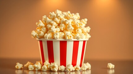 Popcorn in striped cinema bucket with butter glistening