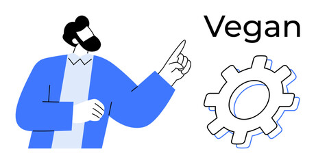 Person gesturing with one hand toward bold text Vegan and gear featuring plant-based emblem. Ideal for healthy lifestyle, sustainability, veganism, eco-consciousness, innovation, food alternatives