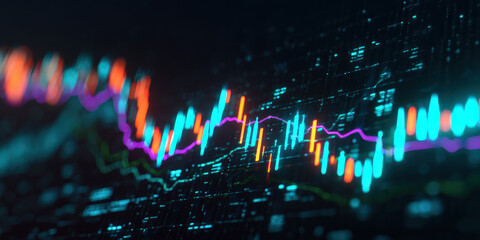 Glowing stock trading graph with digital neon lights displays dynamic market trends, featuring vibrant colors and futuristic design. image conveys sense of innovation and technology