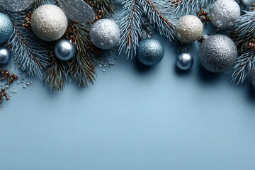 Blue Christmas background with pine tree branches and shiny balls decoration. Xmas frame, greeting card template, banner mockup. Flat lay, top view, copy space.