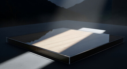 Illuminated wooden product display platform with dark mountain background