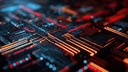 Close-up shot of a futuristic motherboard with interconnected circuits glowing with red and blue light