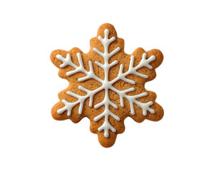 Festive gingerbread snowflake cookie, happy sweet dessert for winter holiday. Traditional Christmas food with white icing decoration, tasty isolated treat