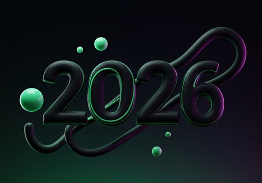 Futuristic 3d Rendering of 2026 with Glowing Spheres and Tubes