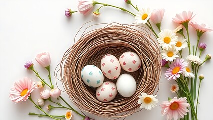 Decorated Easter eggs in nest with spring flowers, seasonal celebration.