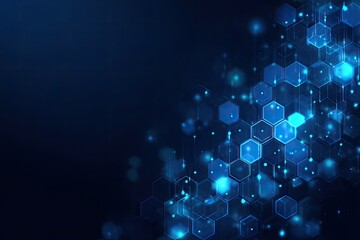 Abstract digital composition with a dark blue background and a network of glowing hexagons