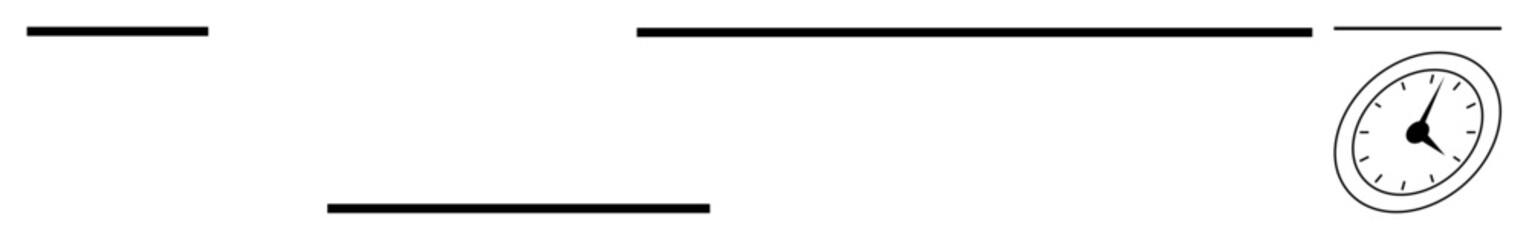 Abstract arrangement of black horizontal lines with a tilted clock at the edge. Ideal for themes thumbs up time, minimalism, precision, balance, focus, process, efficiency. A simple flat metaphor