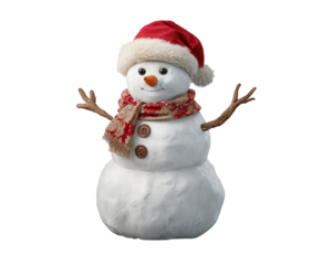 Happy snowman wearing Santa hat and scarf for winter holiday. This festive Christmas clipart character with cheerful smile classic symbol of season