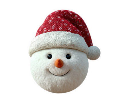 Happy snowman head wearing red Santa hat for winter holiday. This cute, smiling character festive Christmas element, an isolated illustration with carrot nose