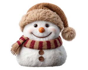 Happy snowman character wearing cozy brown knit hat and striped scarf. This cheerful winter holiday element isolated with smile perfect for festive Christmas design