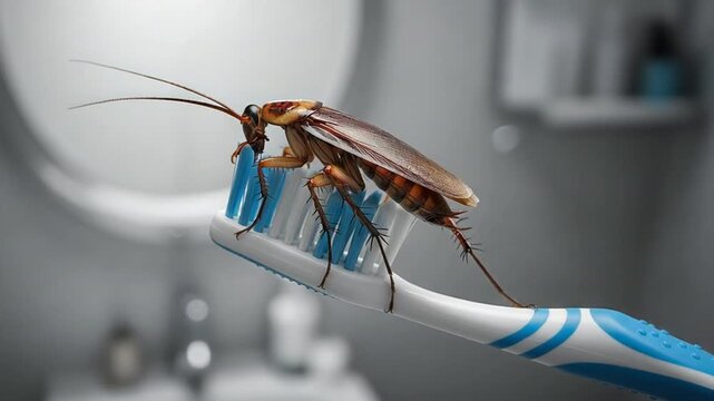 cockroach on toothbrush symbol of poor hygiene