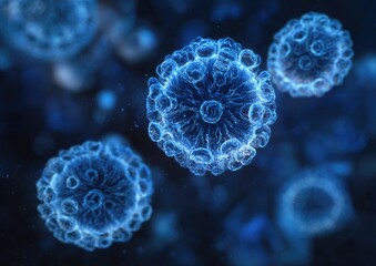 Abstract macro view of spherical structures with a vibrant blue glow against a dark background