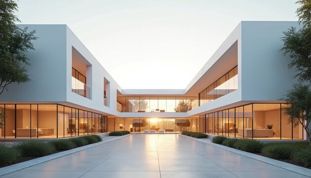 Sleek modern office building exterior with large glass windows and white facade. Courtyard design with trees and bright sunny sky. Contemporary architecture for business.