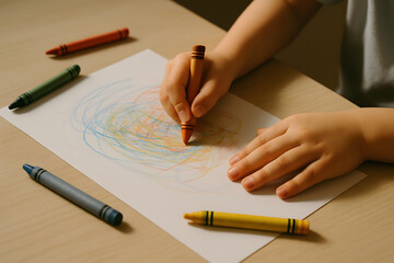 Creative child makes colorful drawing at home