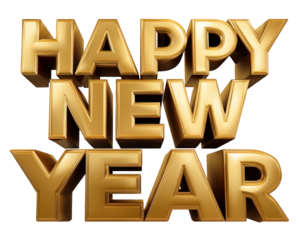 Festive happy new year 3d text, joyful golden sign for holiday celebration. This sparkling greeting element with metallic typography conveys an optimistic and cheerful feeling
