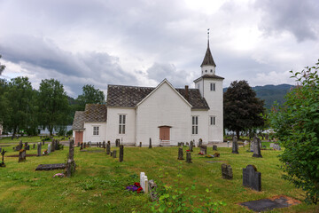 White wooden church in Ulvik, Norway.