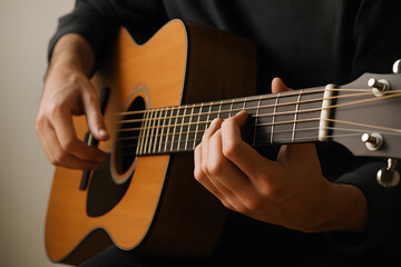 male hands playing guitar, black background. lifestyle
