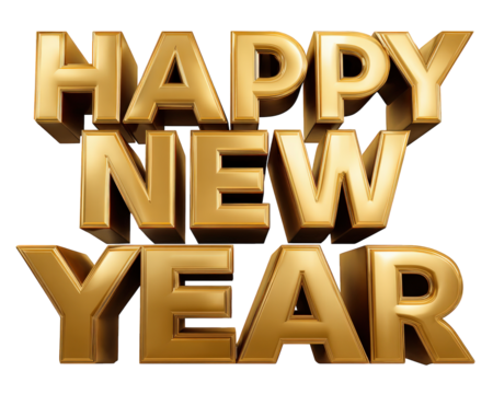 Festive happy new year 3d text, joyful golden sign for holiday celebration. This sparkling greeting element with metallic typography conveys an optimistic and cheerful feeling