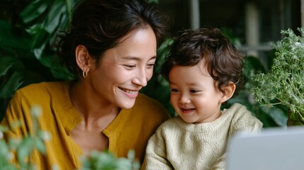 Smiling mother and child enjoying time together surrounded by plants in a cozy indoor setting