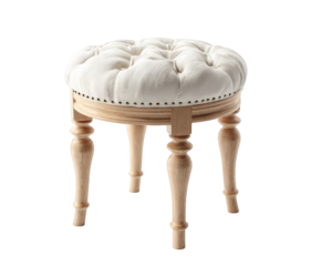 Tufted round ottoman stool with wooden legs isolated on transparent background