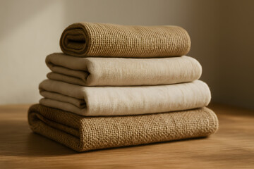 close up natural woven fabrics in varying shades of beige, tan, and brown. Stacked