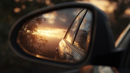 A close-up view of a car side mirror reflecting a stunning sunset, with clouds and trees softly illuminated.