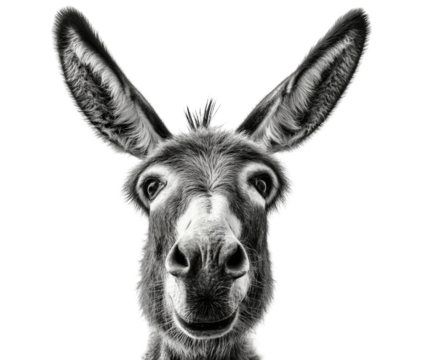 Closeup portrait of a donkeys face, isolated on transparent background