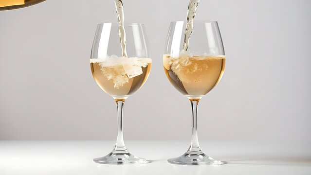 Elegant wine glasses capturing the graceful pour of white wine in a clean studio setting.