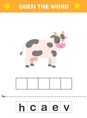 Guess the French Word: Cow. A fun worksheet for kids learning French vocabulary. Educational quiz worksheet with cute cow illustration.