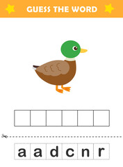 Guess the French Word: Duck. A fun worksheet for kids learning French vocabulary. Educational quiz worksheet with cute duck illustration.