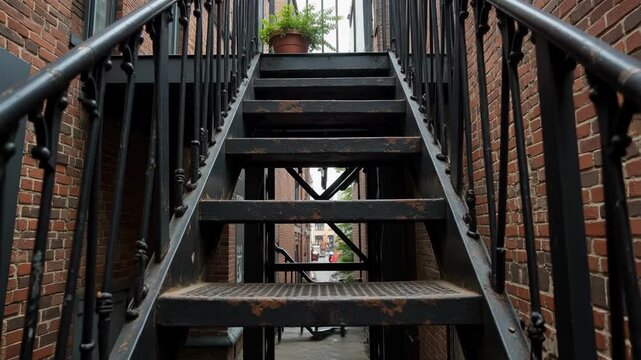 Dynamic urban exploration video capturing a tracking shot of an apartment building fire escape, offering a unique perspective on city life and architecture
