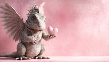Naklejka premium An anthropomorphic lizard with feathered wings, holding a pink heart against a pink backdrop