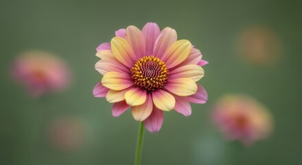 Vibrant pink and yellow zinnia flower in soft focus garden setting