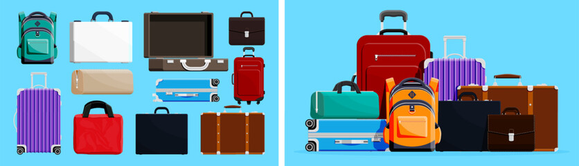 Collection set of travel bag and luggage suitcase. Concept of travel, vacation, holiday, tour, journey, trip. Isolated illustration on blue.